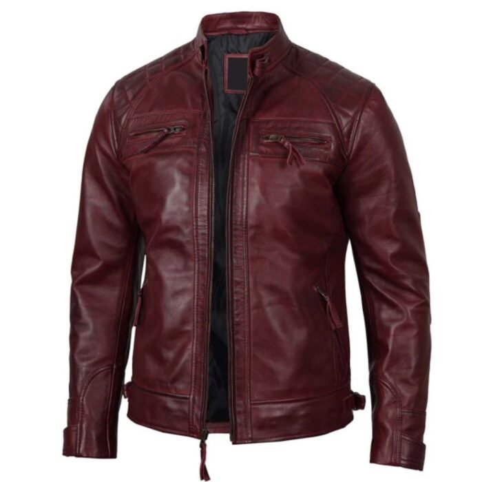 Maroon Cafe Racer Quilted Leather Jacket