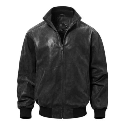 Mens Casual Real Black Bomber Leather Jacket