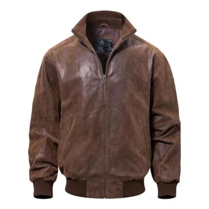 Mens Casual Real Brown Bomber Leather Jacket