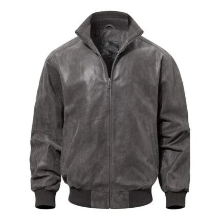 Mens Casual Real Grey Bomber Leather Jacket