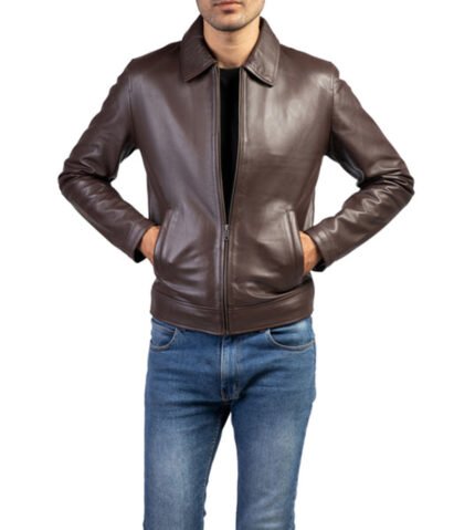 Men’s Dark Brown Shirt Collar Real Leather Jacket