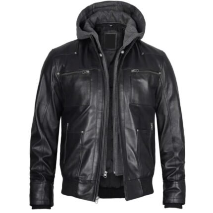 Black Bomber Leather Jacket With Grey Removable Hoodie