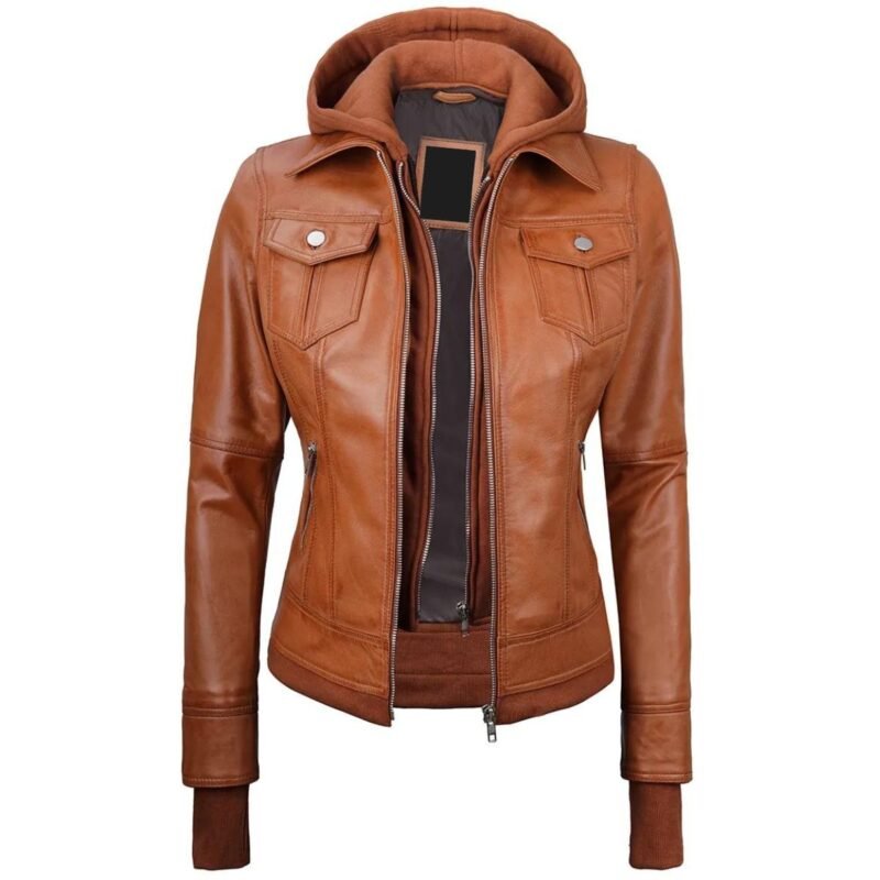 Womens Tan Leather Bomber Jacket With Removable Hood