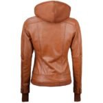 Womens Tan Leather Bomber Jacket With Removable Hood