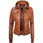 Womens Tan Leather Bomber Jacket With Removable Hood