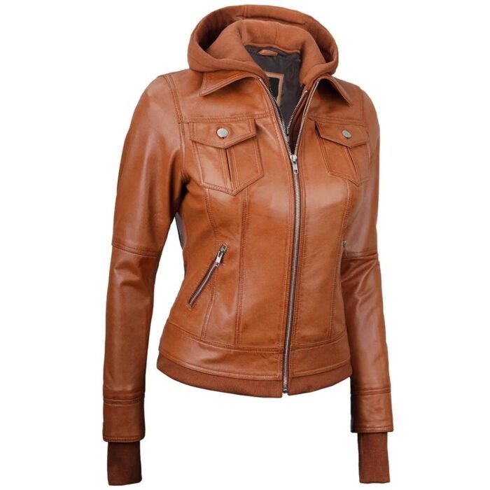 Womens Tan Leather Bomber Jacket With Removable Hood