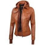 Womens Tan Leather Bomber Jacket With Removable Hood