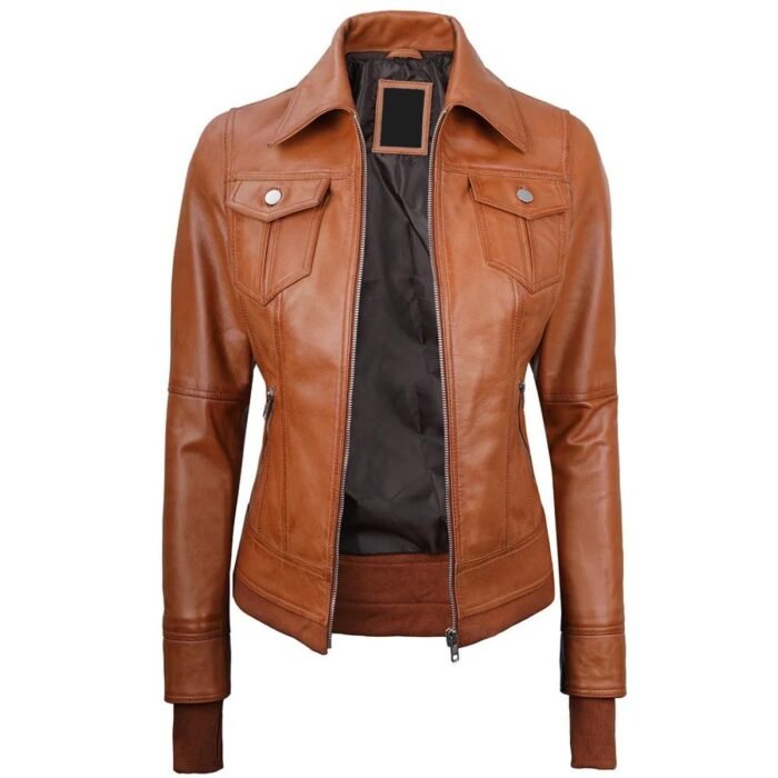 Womens Tan Leather Bomber Jacket With Removable Hood