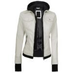 Womens White Leather Bomber Jacket With Removable Hood