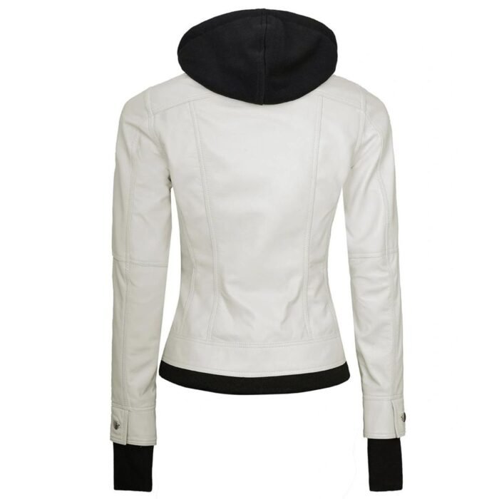 Womens White Leather Bomber Jacket With Removable Hood