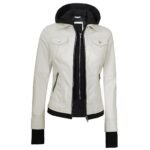 Womens White Leather Bomber Jacket With Removable Hood