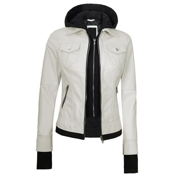 Womens White Leather Bomber Jacket With Removable Hood