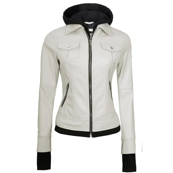 Womens White Leather Bomber Jacket With Removable Hood