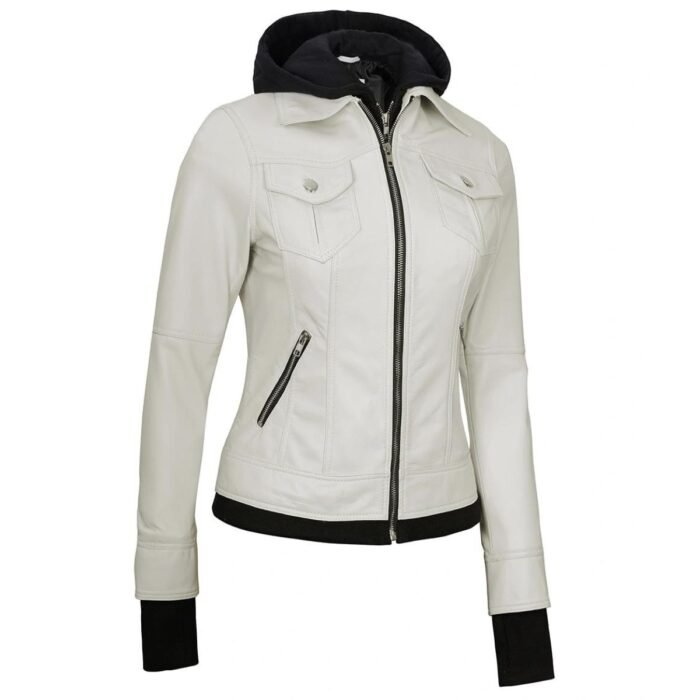 Womens White Leather Bomber Jacket With Removable Hood