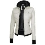 Womens White Leather Bomber Jacket With Removable Hood