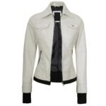 Womens White Leather Bomber Jacket With Removable Hood