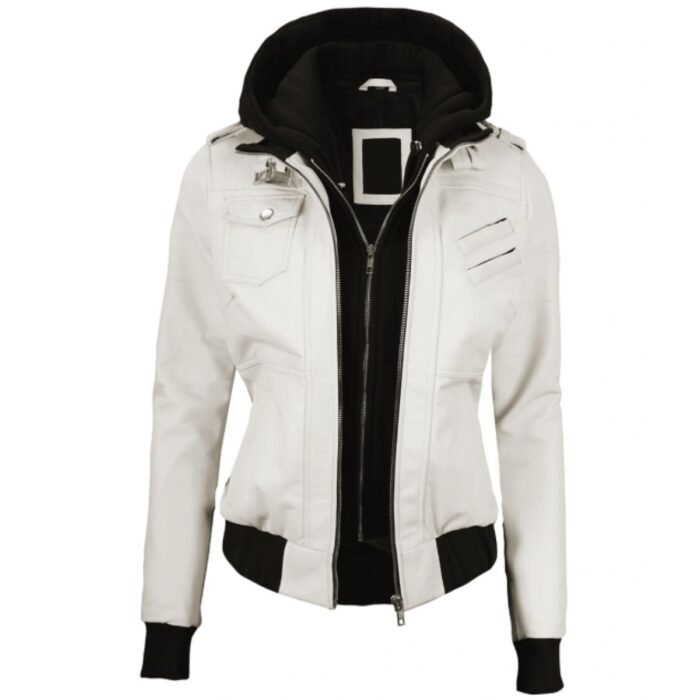 Womens White Leather Jacket With Removable Hood