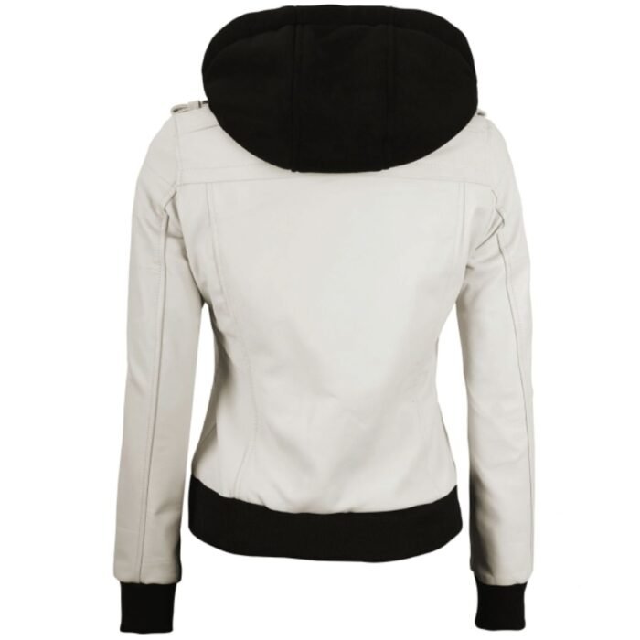 Womens White Leather Jacket With Removable Hood