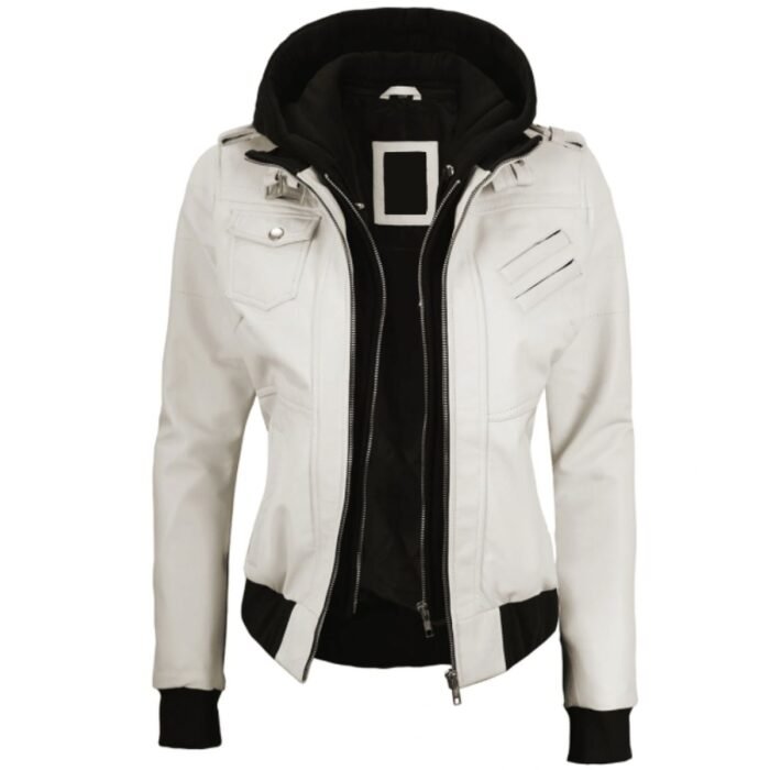 Womens White Leather Jacket With Removable Hood