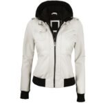 Womens White Leather Jacket With Removable Hood