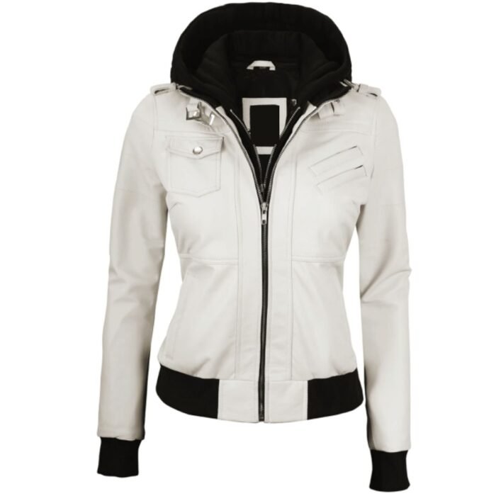 Womens White Leather Jacket With Removable Hood