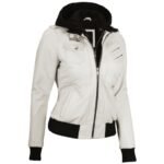 Womens White Leather Jacket With Removable Hood