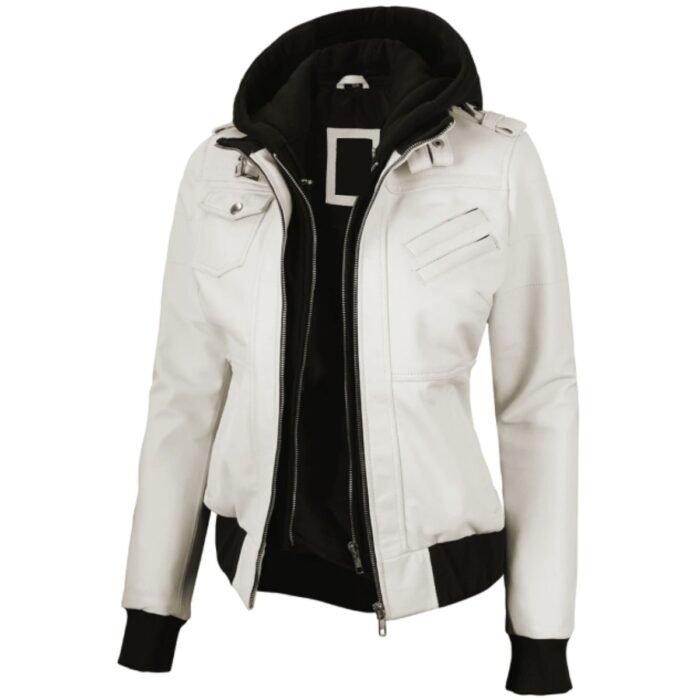 Womens White Leather Jacket With Removable Hood